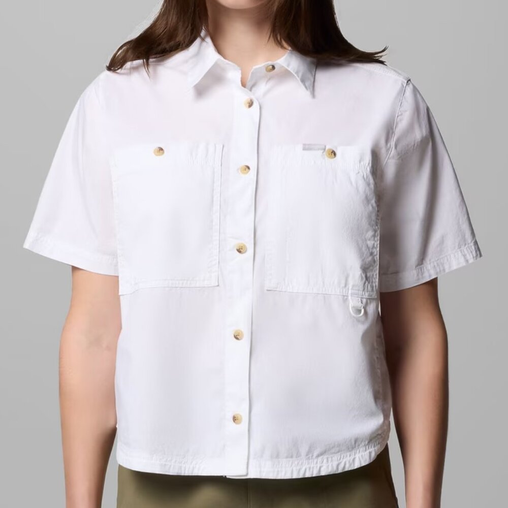 NEW Columbia Brea Falls Short Sleeve Woven Crop Mesh Vented Yoke Back Shirt Top